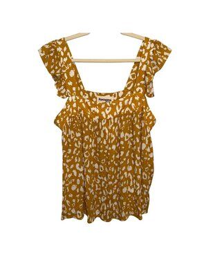 NWT Savanna Jane Womens L Mustard Yellow & White Leopard Print Ruffle Sleeve Top
